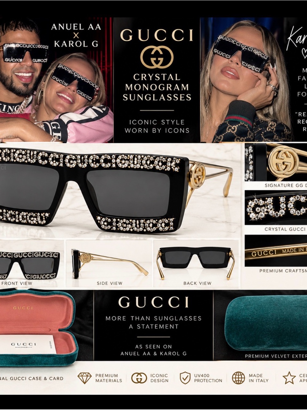 Gucci Black Crystal Monogram Oversized Sunglasses